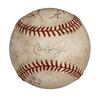 1995 Cal Ripken Jr. Game Used and Signed Baseball from Record Breaking 2,131st Consecutive Game Including Umpires Signatures (PSA/DNA & SGC)